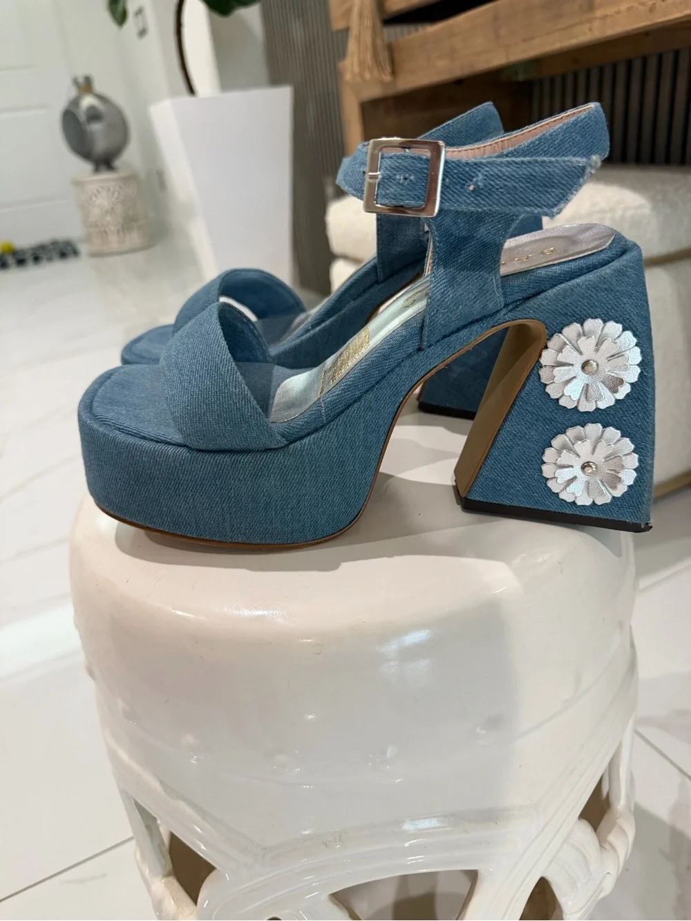 BAMBINA Denim Blue Floral Platform Block Sandals